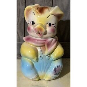 Vintage American Bisque Pig Cookie Jar Boy Blue Yellow Pink Overalls